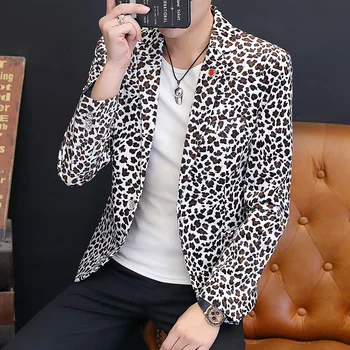 

Men Leopard Print Printing Small Suit Autumn Society Guy Personality Suit Coat Night Show Male Model Single West Top