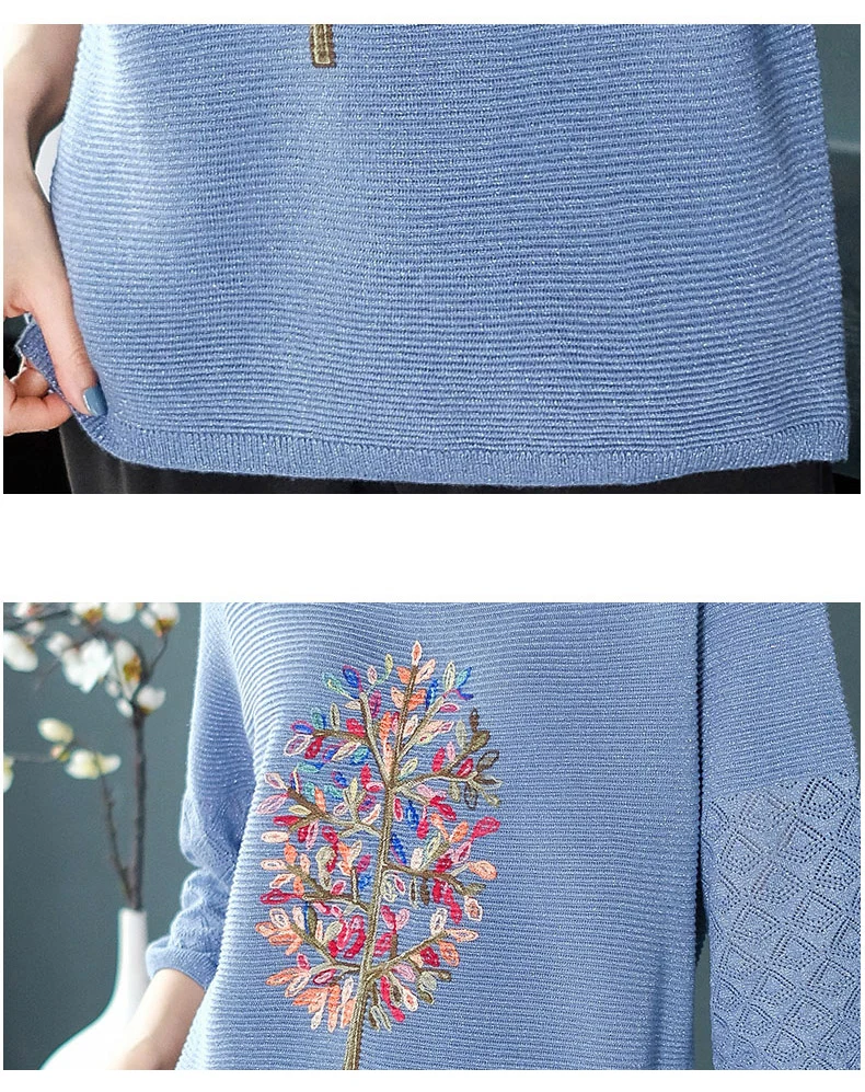 Spring new Casual Thin Tops women fashion Knitted O-Neck Pullovers Pink Embroidery Sweater women