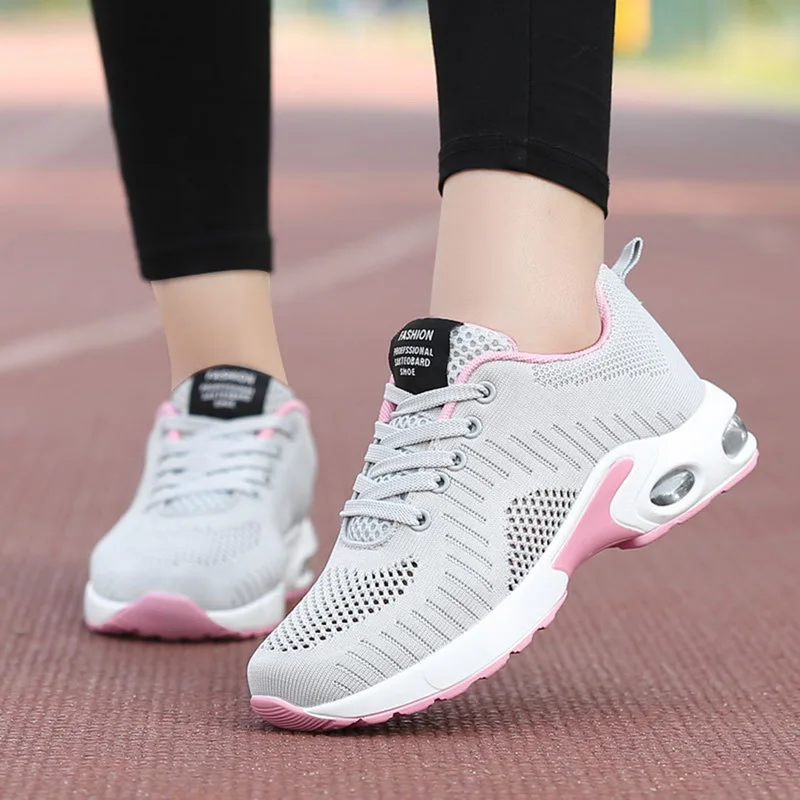 Women Fashion Mesh Breathable Sneakers Lady Flyknit Air Cushion Casual Shoes Solid Non-slip Running Joggers Sport Shoes New