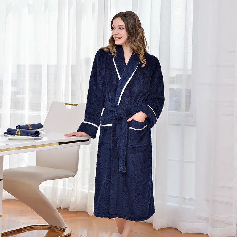 Navy Blue- Women Winter Thick Warm Couples Kimono Robe Women Men Bath Gown Robe Dress Fluffy Plush Flannel Lovers Yukata Nightwear Sleepwear - Цвет: Navy Blue- Women