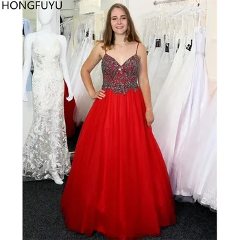 

HONGFUYU Crystals Tulle A-line Prom Formal Dresses Spaghetti Straps Red Party Gown Evening Dress вечернее платье Zipper Backless