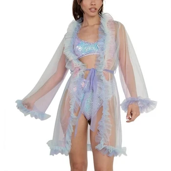 

Ladies Summer Sexy Night Skirt Women Colorful Lace Decoration Long Flare Sleeve Nightgown Mesh Perspective Nightdress