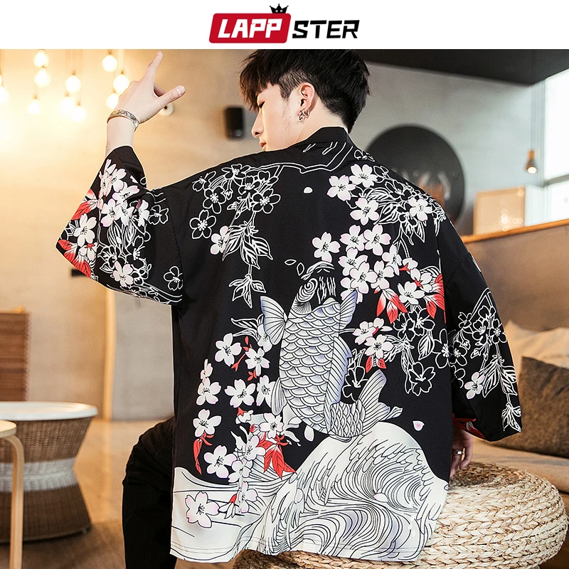 

Summer Kimono Jacket Fish 2019 Men Colorful Japanese Streetwear Wind Breaker Hip Hop Cardigan Spring Jacket Open Stitch