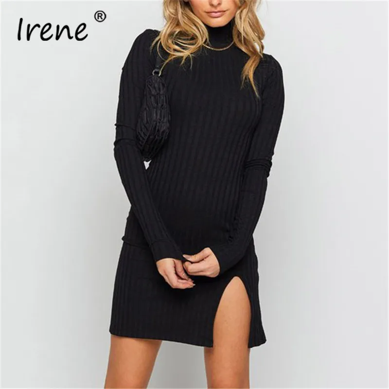 Теплое Женское зимнее трикотажное платье водолазка Irene короткие черные белые