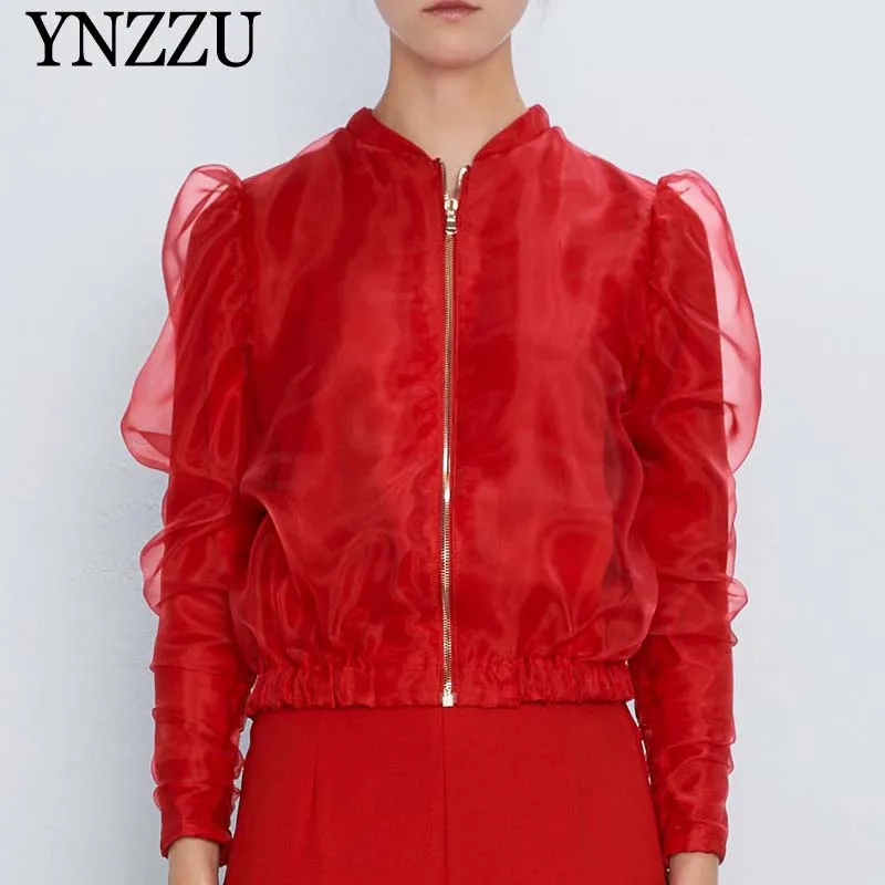 

Women Red Organza bomber jackets 2019 Autumn Long sleeve casual elastic hem Female Short coats Fashion New arrival YNZZU 9O004