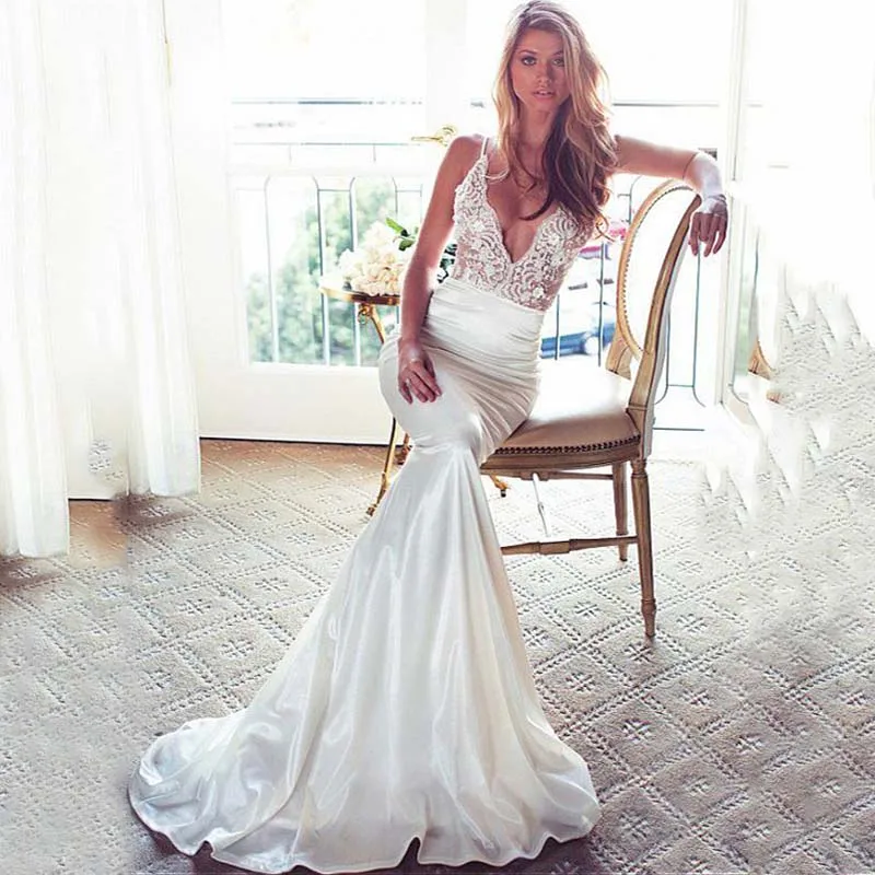 SoDgine без бретелек Русалка свадебное платье vestidos de novia V шеи стрейч атласная Кружевная аппликация свадебные платья