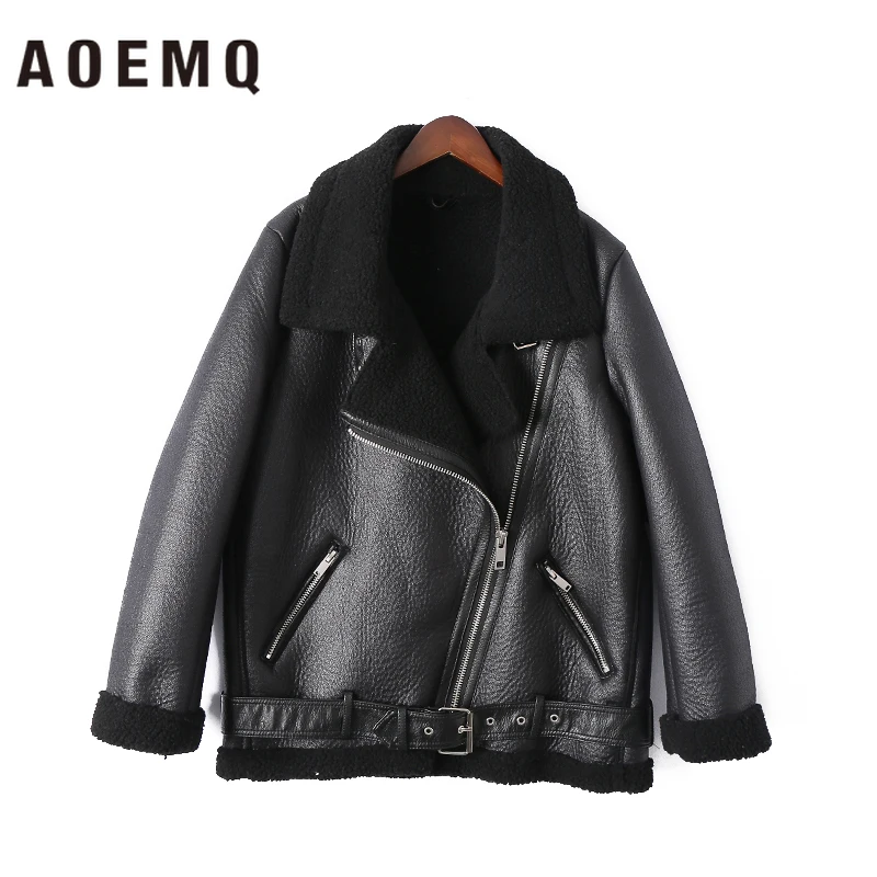 AOEMQ, Ретро стиль, новинка, с отворотом и бархатной подкладкой, меховое пальто, теплое, модное, из искусственной кожи, овечья шерсть, мотоциклетная одежда, куртка-бомбер