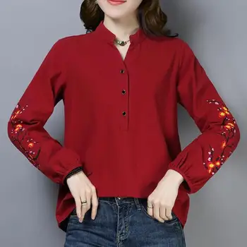 

Blue,Pink,Burgundy Flowers Embroidery Loose Shirts Autumn Women Long Sleeve Cotton and Linen Tops and Blouses M-XXL