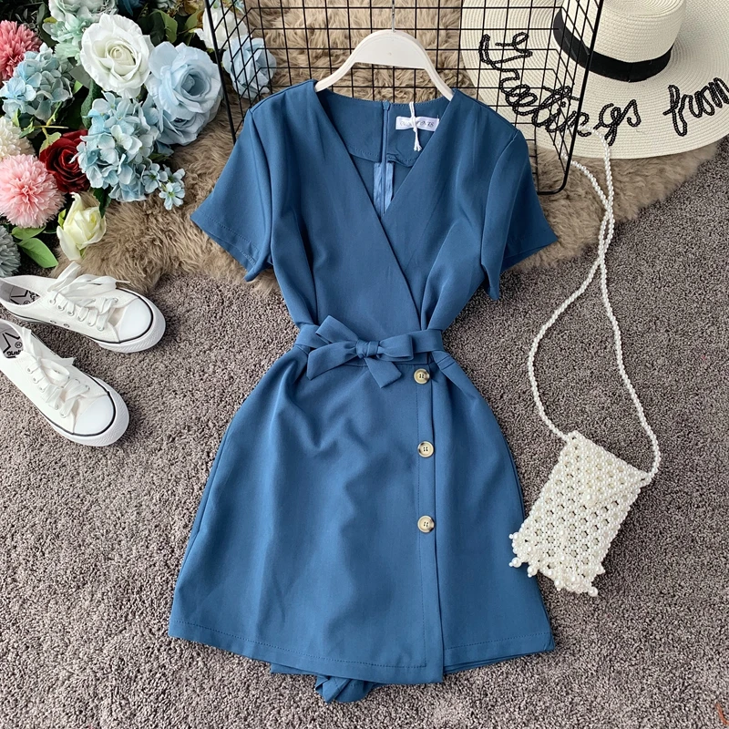 FTLZZ V-neck Beach Playsuits Women Vintage With Belt High Waist Wide-legged Shorts Pants Slim Holiday Jumpsuits