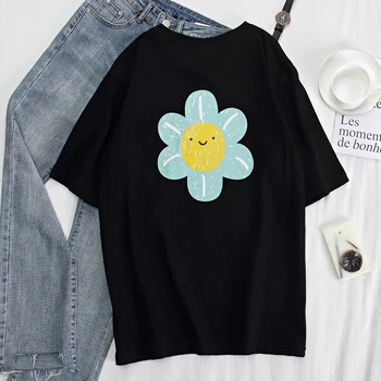 

2020 Summer High Quality M-3XL Oversized Print Smiley Sunflower Funny T Shirt Women Cotton Elastic White Tshirt Woman Casual Top