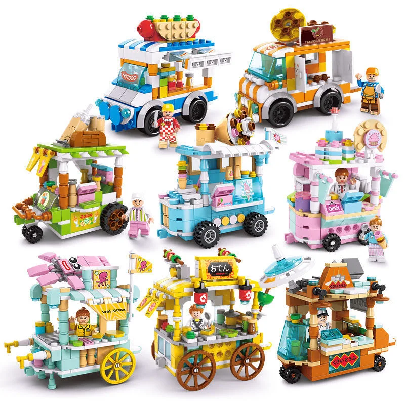 

City Mini Street View Building Blocks Takeaway Car Food Truck Tricycle Auto Retail Store Vehicle Bricks Model Toys for Children