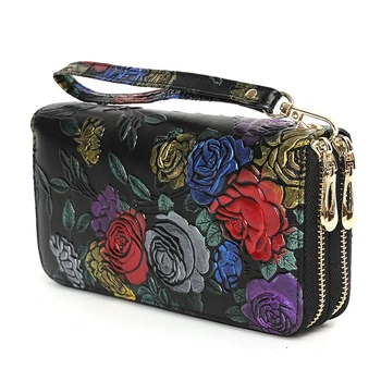 

floral womens leather wallets large capacity woman clutch long split leather purse double zipper ladies leather wallets