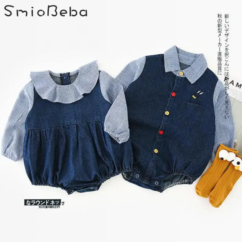 

Autumn 2019 Baby Unisex Rompers Patchwork Cowboy New Brothers And Sisters Jeans Stitching Winter Infant Kids Jumpsuit Korean
