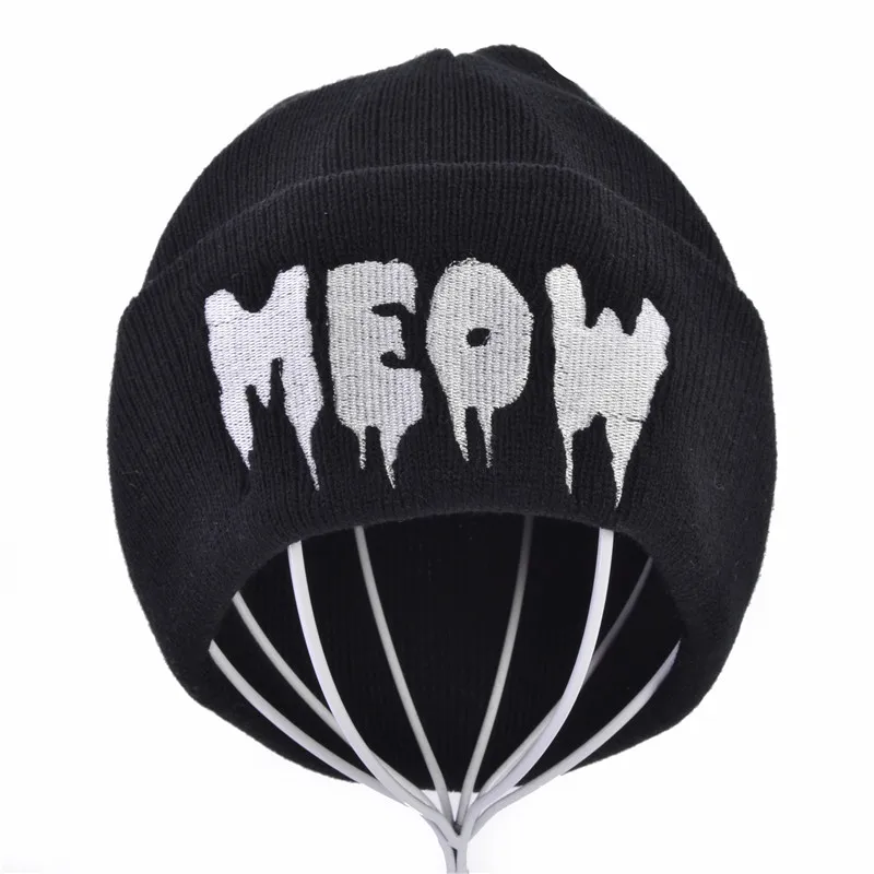 

Autumn Winter MEOW Cap Unisex Casual Hip Hop Hats Knitted Wool Skullies Beanies Hat Warm Winter Hat For Women Beanie