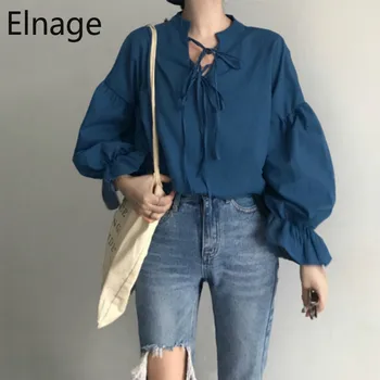 

Elnage Spring Korean Solid Color Loose Pullover Long Sleeve Shirt Women Lace Up Vintage Blouse Tops Female Clothing New 5A061