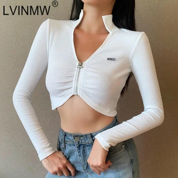 

LVINMW Sexy Stand Collar Zip Up Long Sleeve Letter Labeling White Crop Top Woman tshirts Slim Chic Pleated Rib Tops Streetwear
