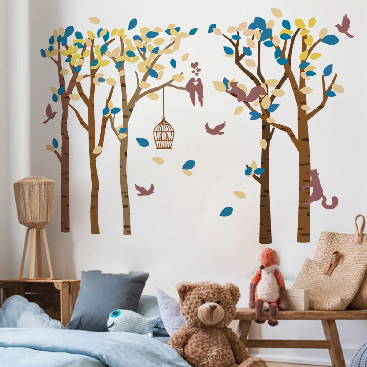 

New Tree Birdcage Wall Stickers Flowers Children's Room Bedroom Background Wall Creative Wallpaper Home Accessories Anime Decor