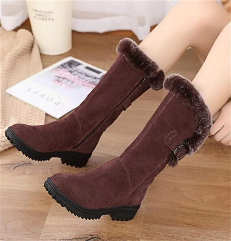 New Winter Fashion Boots Scrub Cowhide Rabbit Fur Women Snow Boots Flat Wedges Non-slip In-tube Boot Women Leather Shoes Boots