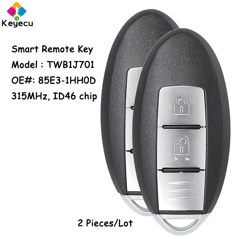 

KEYECU 2 X Smart Remote Control Car Key - 2 Button 315MHz ID46 Chip - FOB for Nissan Micra K13 March K13 Leaf 2012-2016 TWB1J701