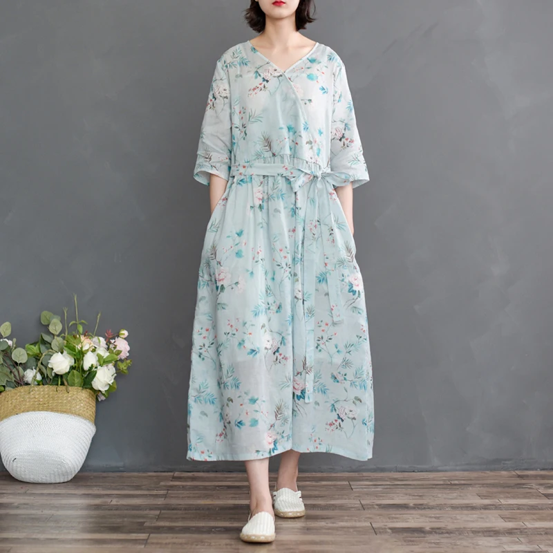 

Spring Summer National Style Printed Ramie Retro Hanfu Embroidery Dress Female Wild High Waist Was Thin Long Dresses