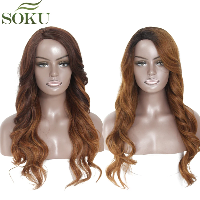 

Ombre Brown Synthetic Hair Wigs Side Part Long Wave Wigs For Black Women Glueless Heat Resistant Lace Wig SOKU Free Shipping