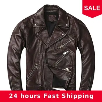 

2020 Dark Brown Men American Style Motorcycle Leather Jacket Plus Size XXXXL Genuine Sheepskin Autumn Slim Fit Biker's Coat