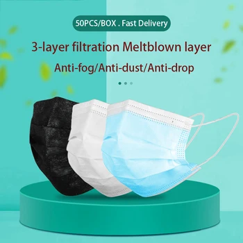 

50/100/200Pcs Disposable Medical Masks Non Woven Anti-dust 3 Layers Breathable Face Mouth Adult Blue Black White Surgical Masks