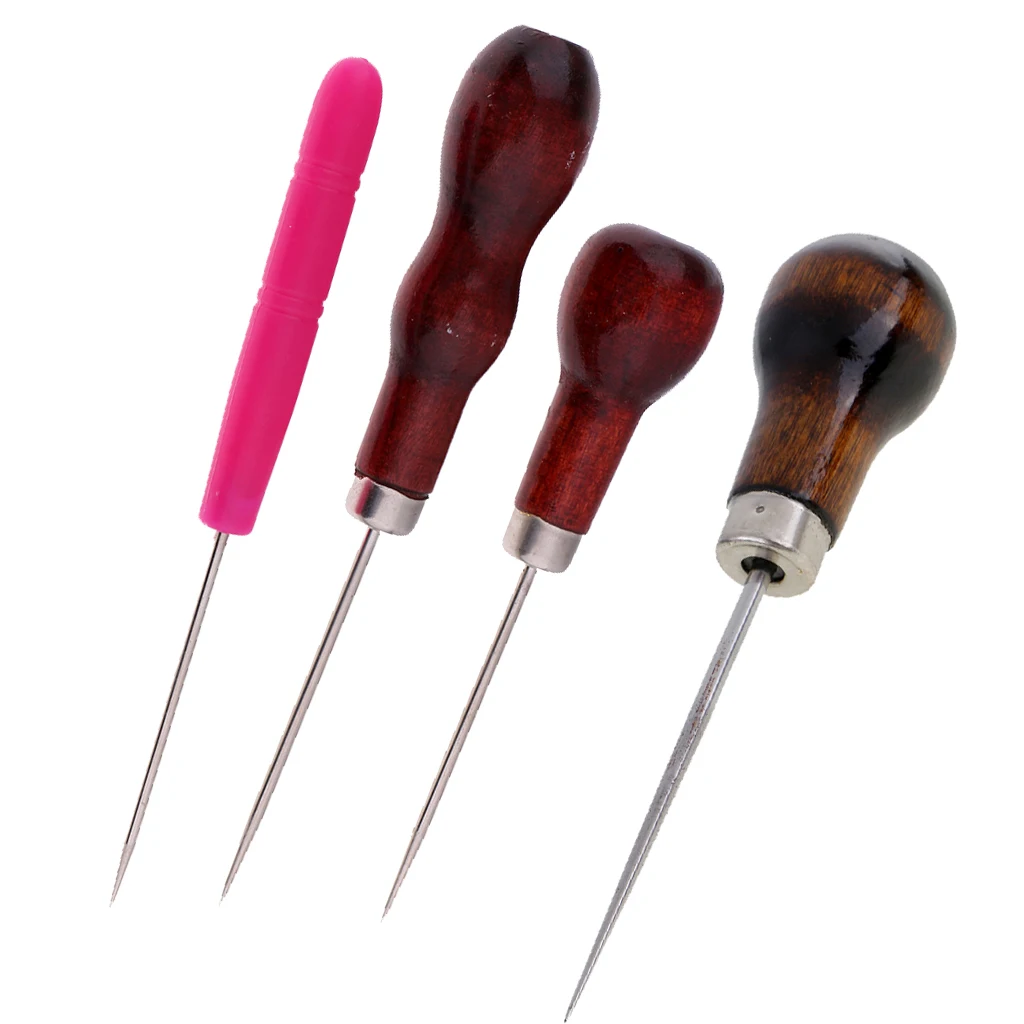 4X Plastic Wooden Handle Tailor's Awl Tool for Beading, Carving, Stitch Repair, Leather Work, Piercing Holes and Shoemaking