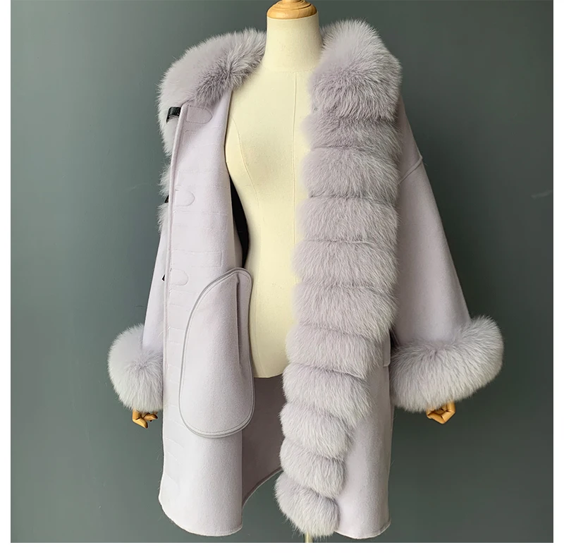 MAOMAOFUR кашемировое шерстяное пальто для женщин, длинный стиль, длинные рукава, воротник из натурального Лисьего меха, Полоска, пиджак с манжетами, Женское шерстяное пальто