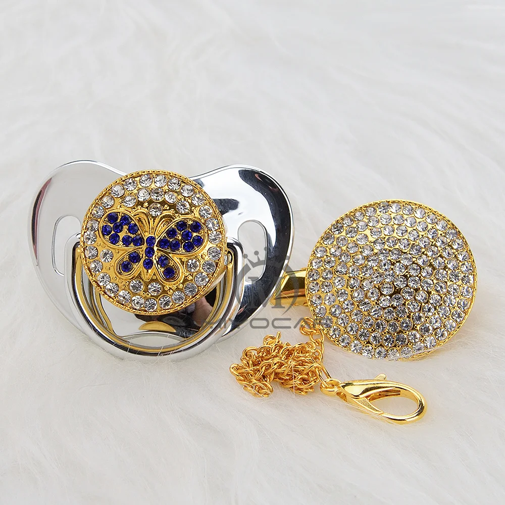 

BLING Silver blue bling butterfly Bling pacifier and clip set pacifier chain holder pacifier unique design ABBF-1