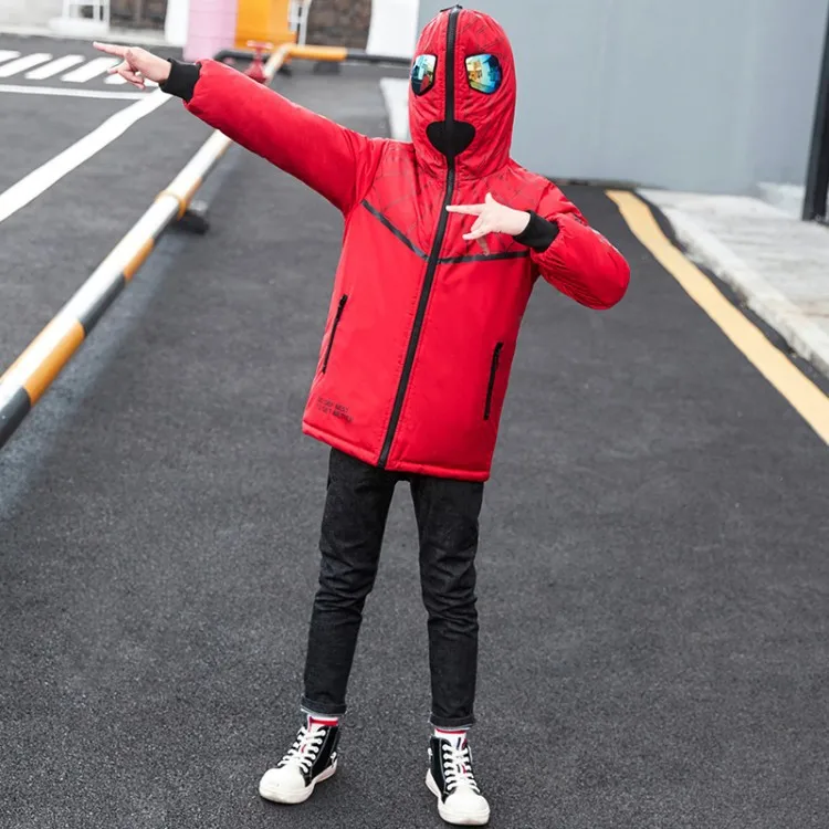 Children Clothing Winter Cotton Jacket For Boys Thick Hooded Warm Coat Kids Snowsuit Waterproof Spider-Man Parka 4-14 Years Old - Color: Red