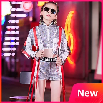 

Street Dance Costumes For Kids Hip Hop Silver Sequin Clothes Children Jazz Dance Clothing Festival Catwalk Show Outfit DQL2896