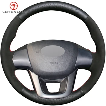 

LQTENLEO Black Genuine Leather Suede Hand-stitched Car Steering Wheel Cover For Kia K2 2010-2016 Rio 2011-2017 Rio5 2011-2017