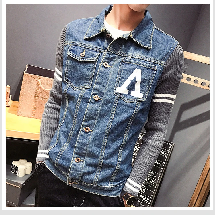 Autumn Clothing New Style Men Cowboy Jacket Printed Joint Knit Sleeve Double Bag Large Size Men'S Wear