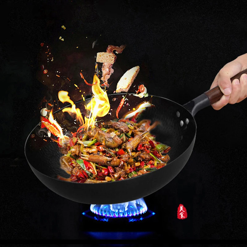 32cm Chinese Traditional Iron Wok Non-stick Pan Kitchen Cookware  Non-coating Pan High Quality With Gift Box