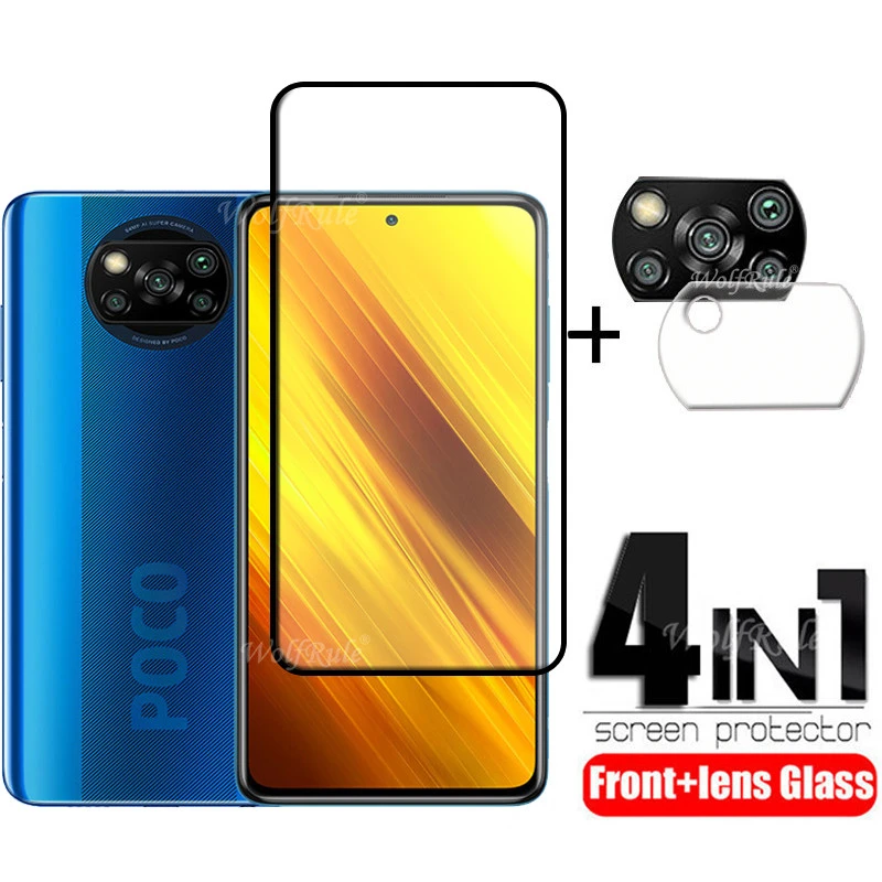 cell phone screen protector 4-in-1 For Xiaomi Poco X3 Glass For Poco X3 Tempered Glass Protective Full Screen Protector For Poco X3 M3 M4 X4 Pro Lens Glass mobile protector