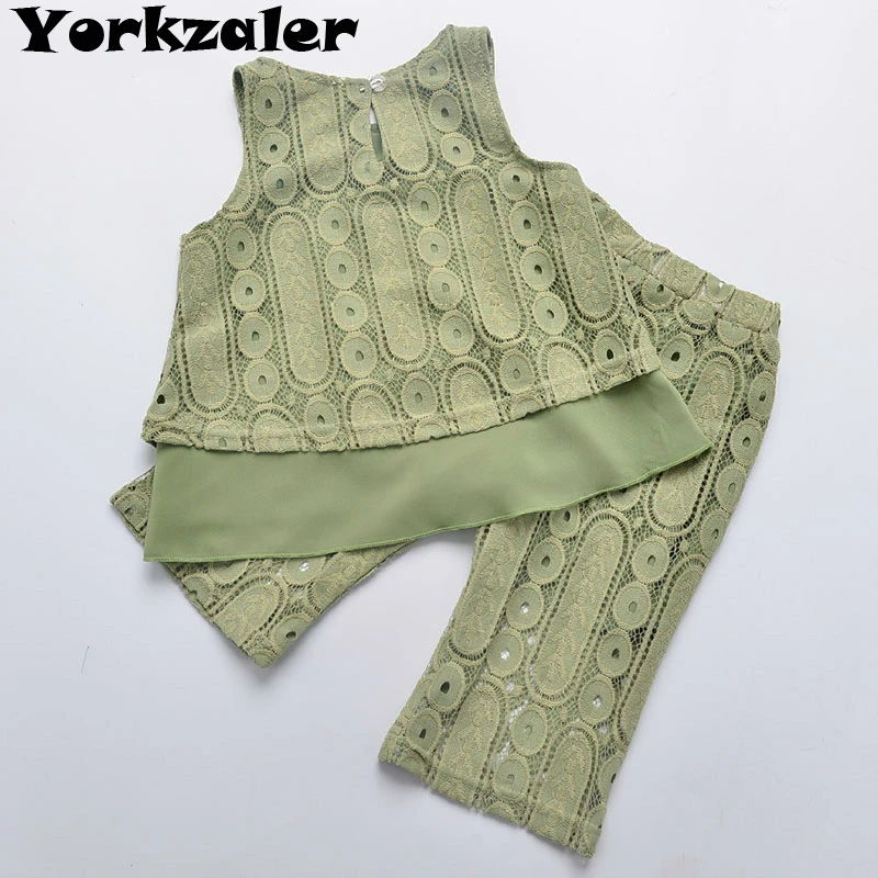 

Girls Clothing Sets 2019 New Summer Girls Lace Chiffon Hallow Out Top + Pants Children Sets for 3-7 Years Kids Girl Tracksuit