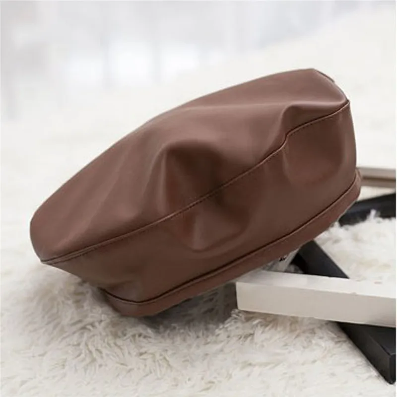 Black Pu Leather Painter Cap Ladies Berets Hat Solid Color Artist Flat Caps