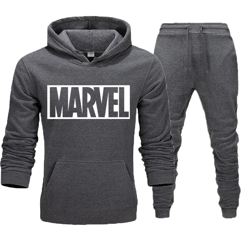 Простой модный мужской костюм с принтом Marvel, спортивный костюм, мужская спортивная одежда, флисовый плотный спортивный костюм с капюшоном и штанами, Азиатский размер