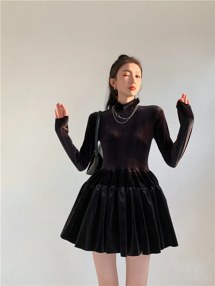Women's French Retro Black Velvet Mini Dresses Trendy Bow Turtleneck 2021 Winter Female Elegant Slim High Waist Ball Gown Dress 2