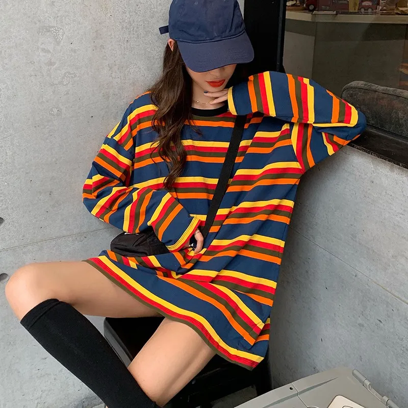 

Women Rainbow Striped T-shirt Round Neck Loose Tee Tops Fashion Long-sleeved T-shirt