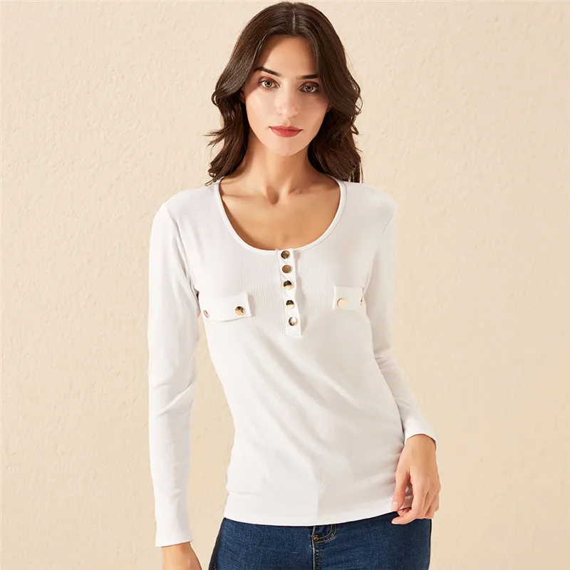 Женские футболки с круглым вырезом и длинным рукавом, одноцветные повседневные приталенные базовые Топы, осенне-весенние топы, женские модные футболки на пуговицах