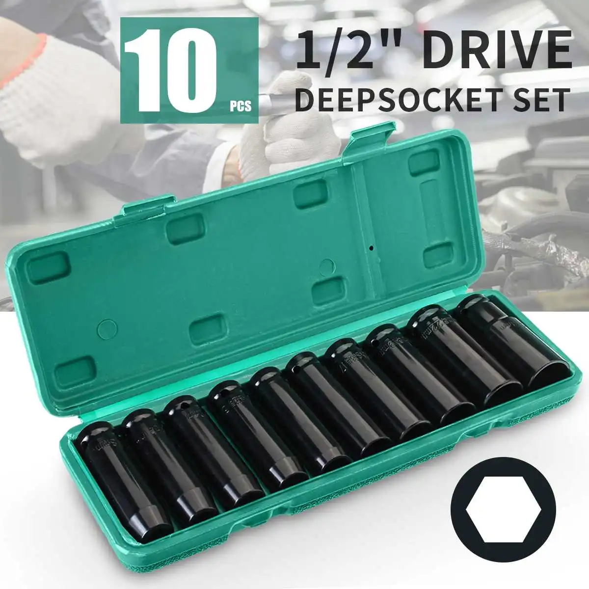 

1/ 2 Inch Chrome Vanadium Black Drive Deep Impact Socket 10 In 1 Set 8-24mm Size Garage Tool Wrench Adapter Hand Tool Set