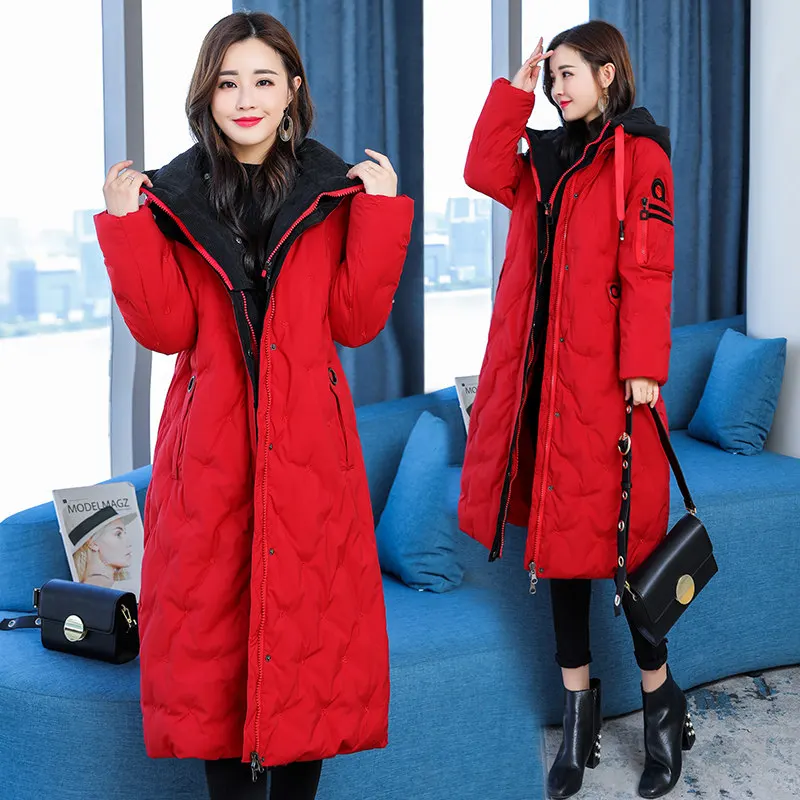 Модный женский зимний пуховик, большие размеры, высокое качество, Женское пальто, зимняя длинная парка с капюшоном, теплая верхняя одежда, женские парки - Цвет: Red and Black