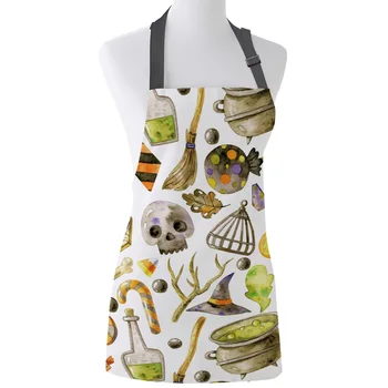 

Halloween Theme Witch Hat Skull Pattern Kitchen Apron Women Adult Female Home Cooking Baking Cleaning Aprons Bibs Home Tools