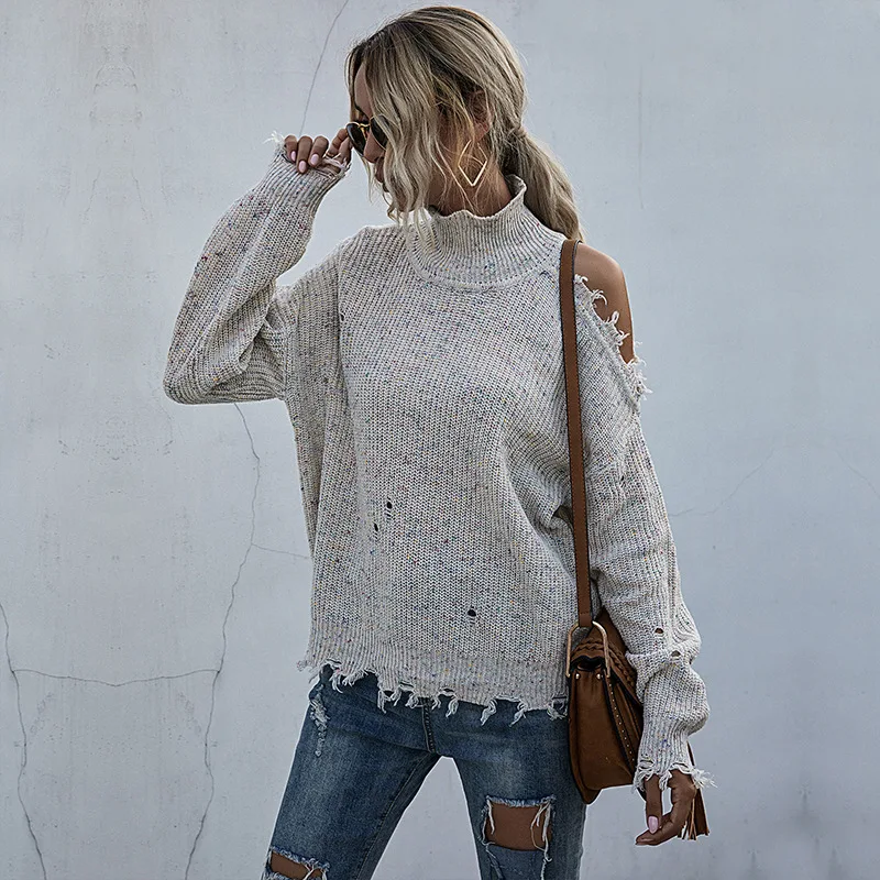 2023 Women's Sweater Knitted Autumn Winter Wear Wide Truffle Shoulder Hole  Long Sleeve High Collar Pure Color Knitted Pullover - AliExpress