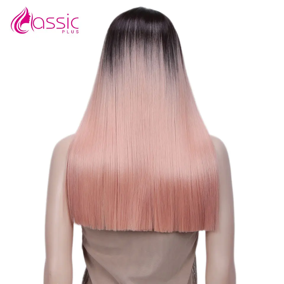 Classic Plus Straight Synthetic Lace Front Wig Ombre Pink Blonde Colored Wigs For Women Blunt Cut Wig Heat Resistant Fiber Wig