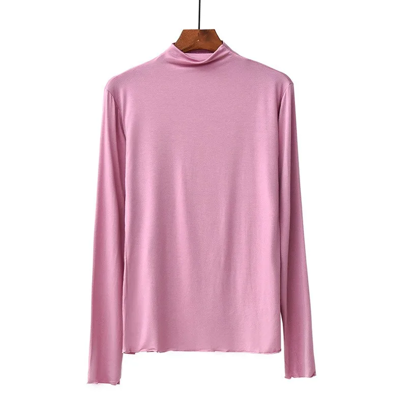 Водолазка футболка Женская Топ с высоким воротником чистый цвет Элегантная футболка с длинным рукавом Harajuku Poleras Mujer De Moda - Цвет: Розовый