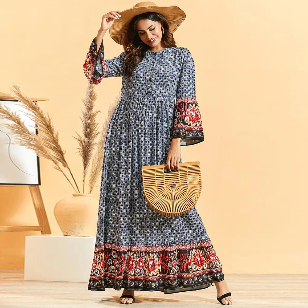 

Vintage Ethnic Print Abaya Dubai Button Up Maxi Long Muslim Dress Flare Long Sleeve Arab Oman Swing Dresses Islamic Clothing