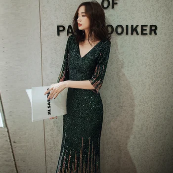 

AE683 Sexy Women V-Neck Hlaf Sleeves Sequin Mermaid Long Evening Dresses Formal Party Dresses